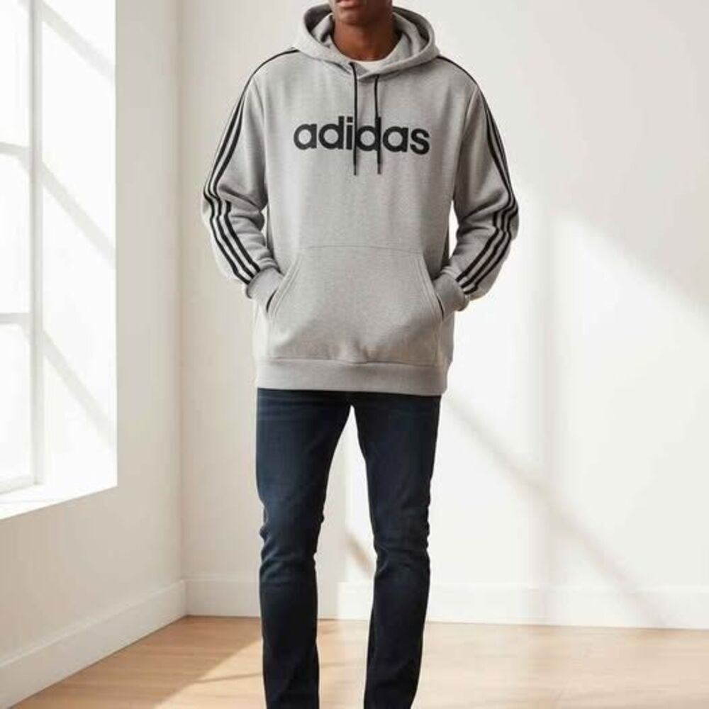 Men Gray preowned Adidas Essential 3 strip longsleeve pullover hoodie fleece 2XL